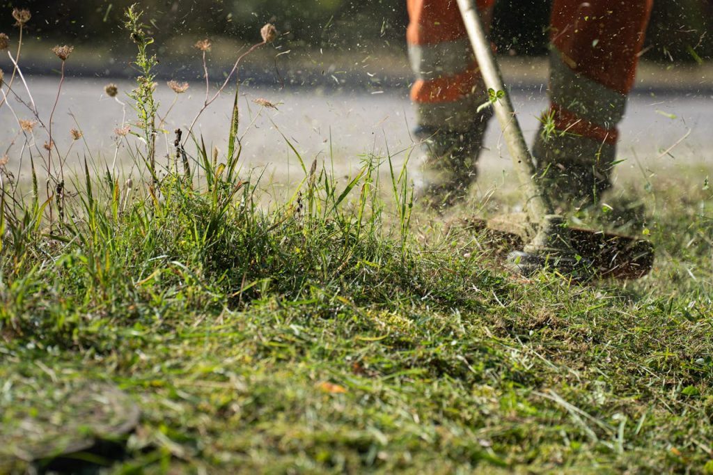 The Art of Drawing Readers In: Your attractive post title goes here A worker in protective gear using a grass cutter to trim grass, capturing the dynamic action and flying clippings.